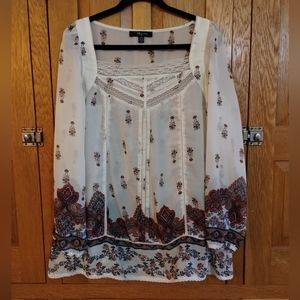 Riley + James ivory floral boho sheer long sleeve peasant top